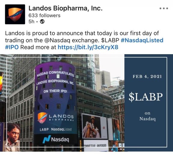 Tenant spotlight: Landos Biopharma Announces Pricing of Initial Public Offering